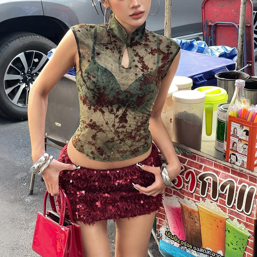 The Asha Sheer Mandarin-Collar Top