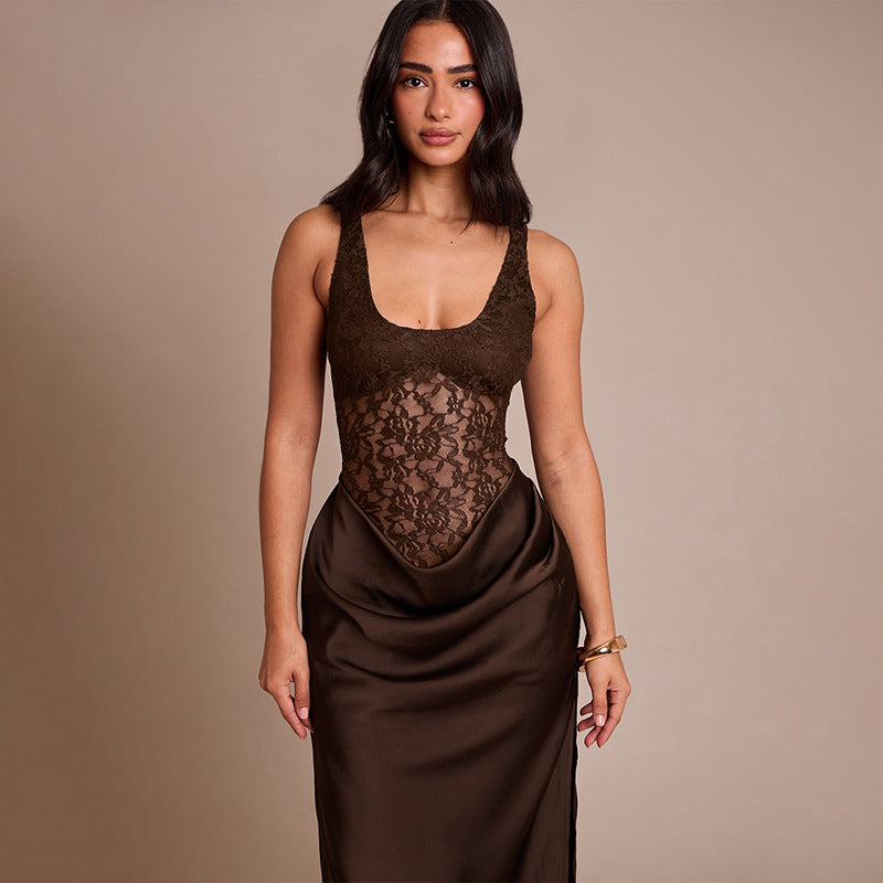 The Lisette Sleeveless Lace-Panel Side-Slit Dress