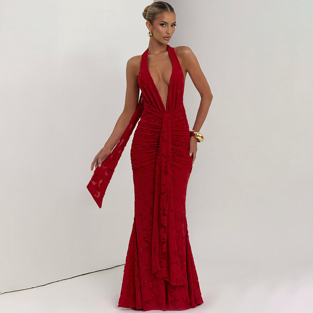 The Noor Deep-V Lace Pleated Backless Maxi Dress