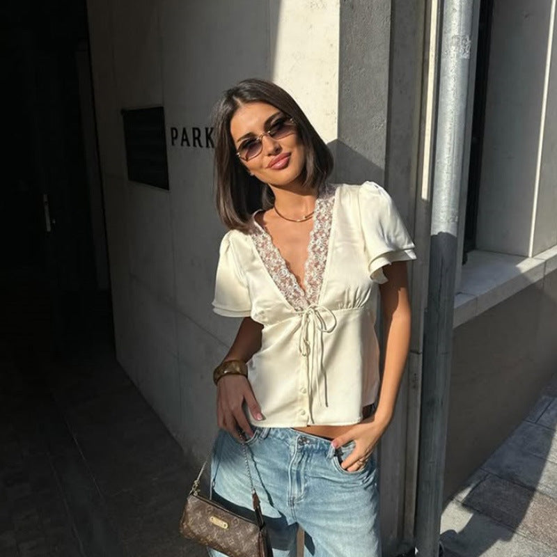 The Solana Lace-Up Fitted Short-Sleeve Top