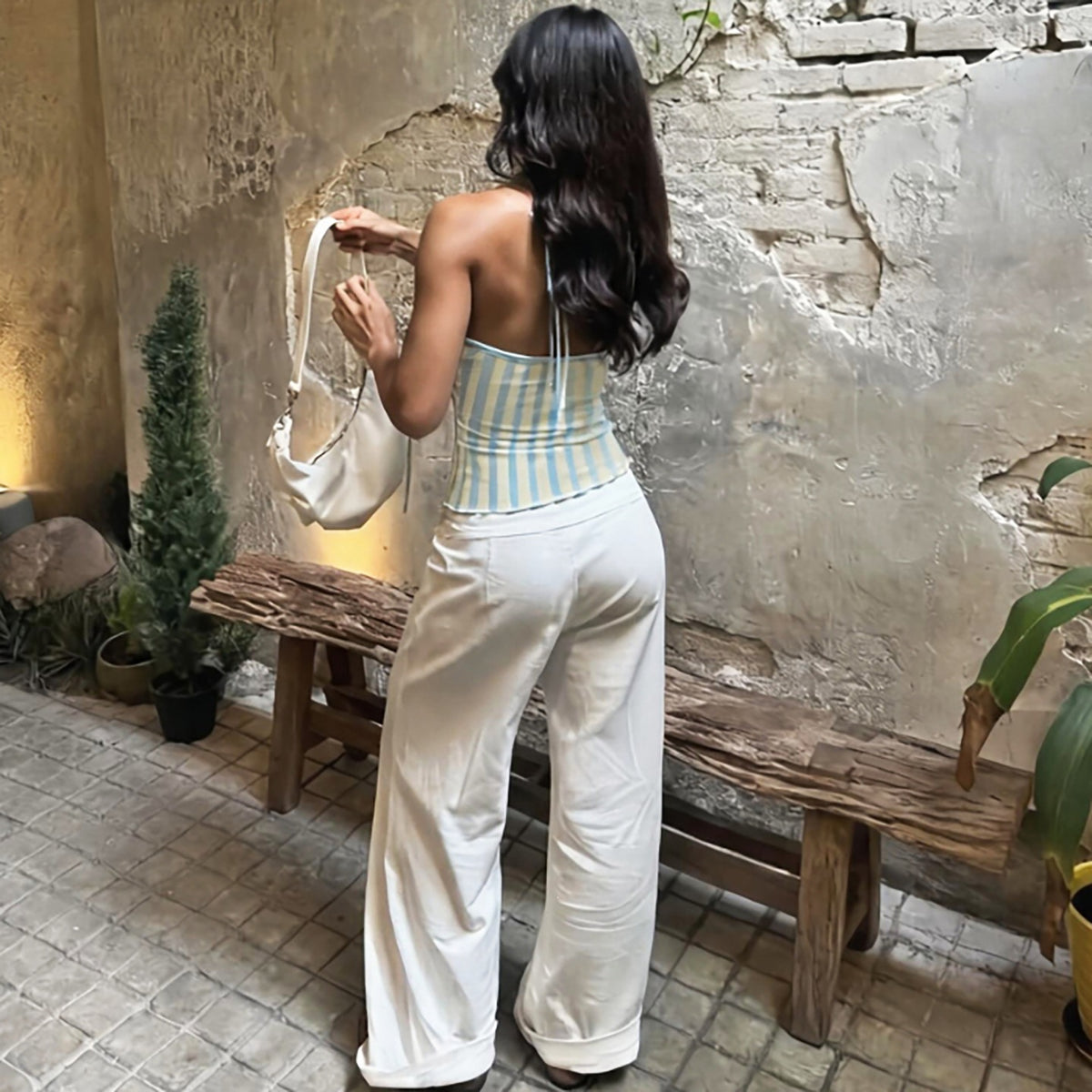The Elara Beaded Backless Striped Halter