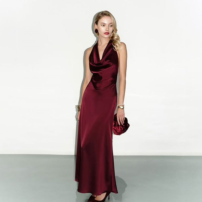 The Simone Wine Satin Backless Cowl-Neck Dress
