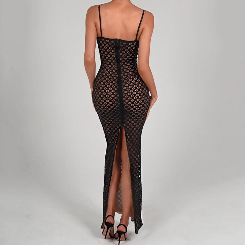 The Nala Polka-Dot Lace Backless Slit Dress