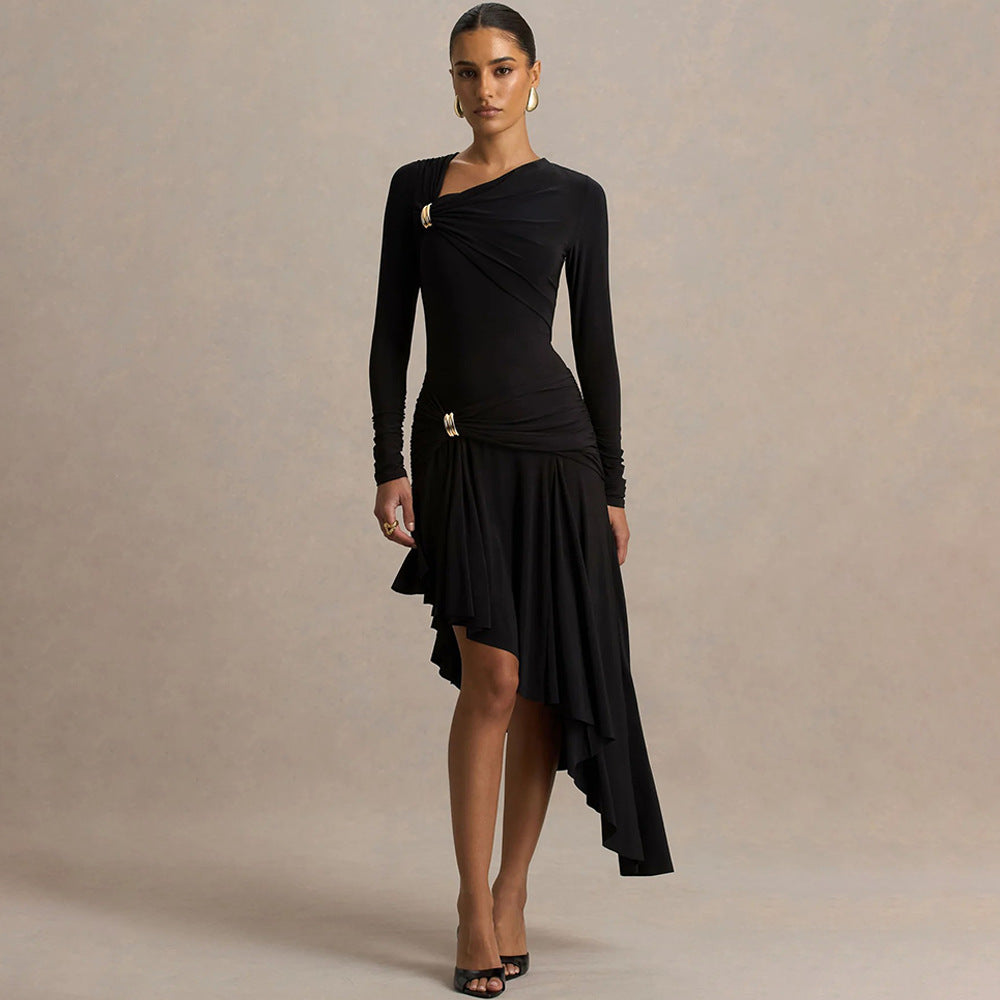 The Maya Asymmetric Pleated Maxi Dress