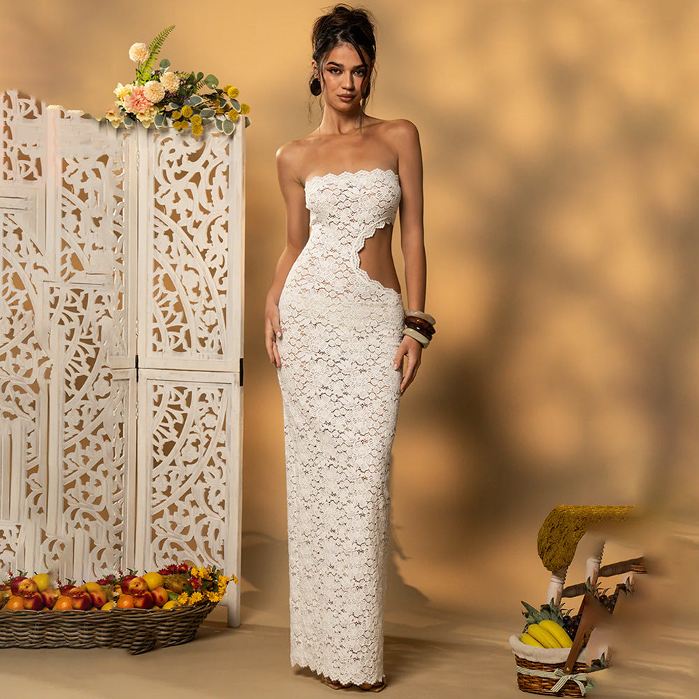 The Naomi Strapless Lace Cutout Slit Dress