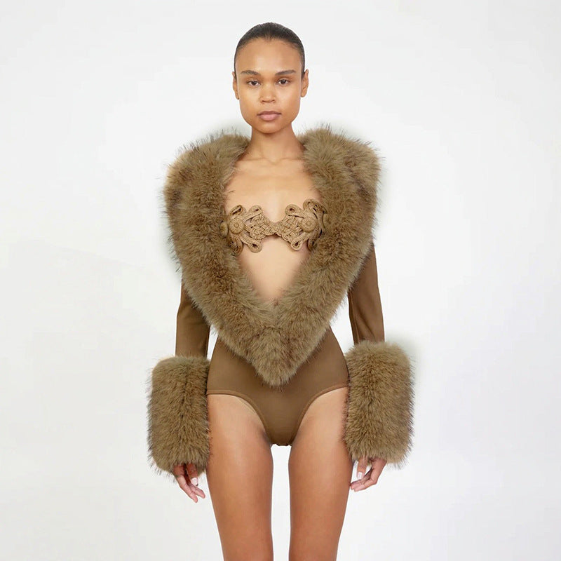 The Amara Faux-Fur Plunge-Neck Jumpsuit