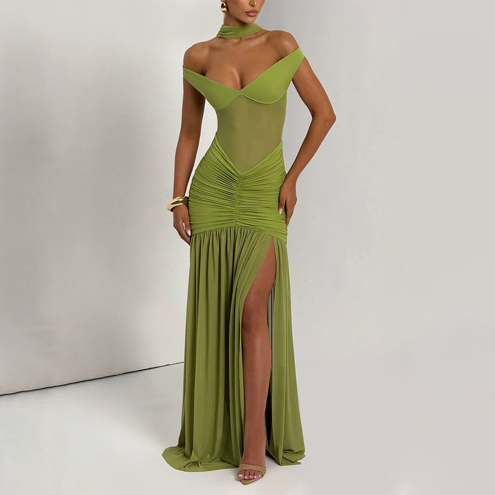 The Laila Pleated Mesh Backless Slit Dress