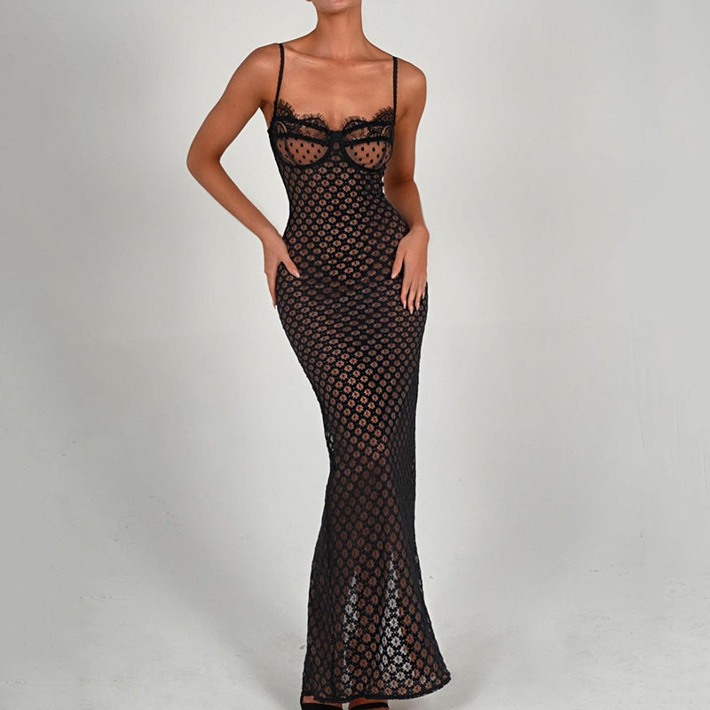 The Nala Polka-Dot Lace Backless Slit Dress