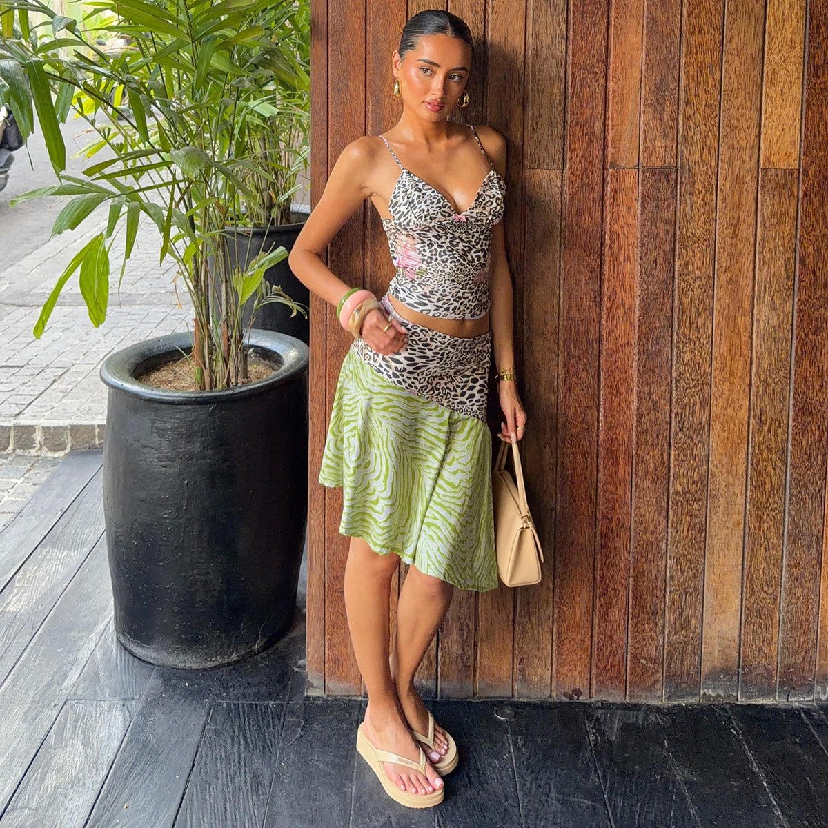 The Lina Leopard V-Neck Top & Asymmetric Skirt Set